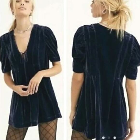 Free People Adelle Velvet Dress‎ Indigo Lost Blue Shory Sleeve Size Medium - Picture 1 of 7